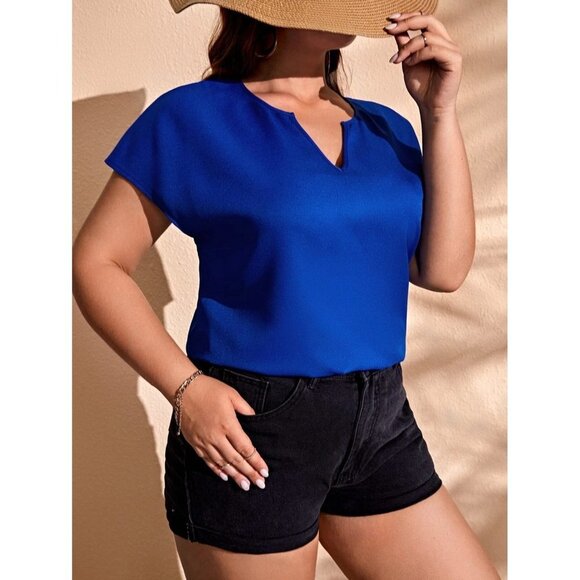 Plus Size Notched Collar Blouse with Batwing Sleeve Size 1XL Color Royal‎ Blue - Picture 5 of 7